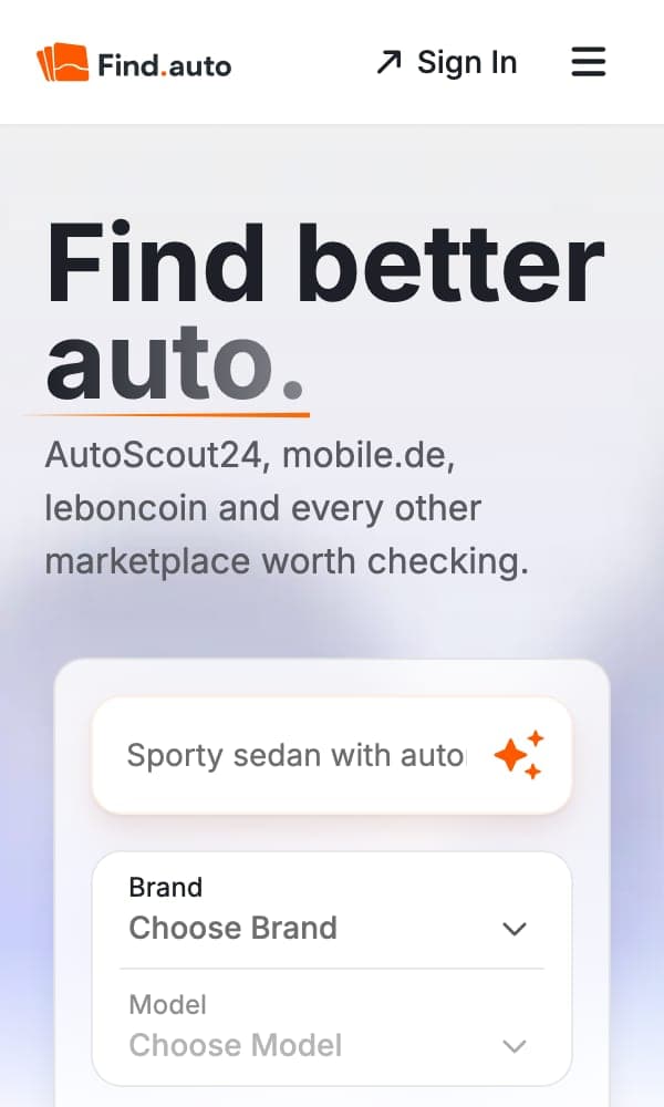 Find.auto, domača stran na telefonu