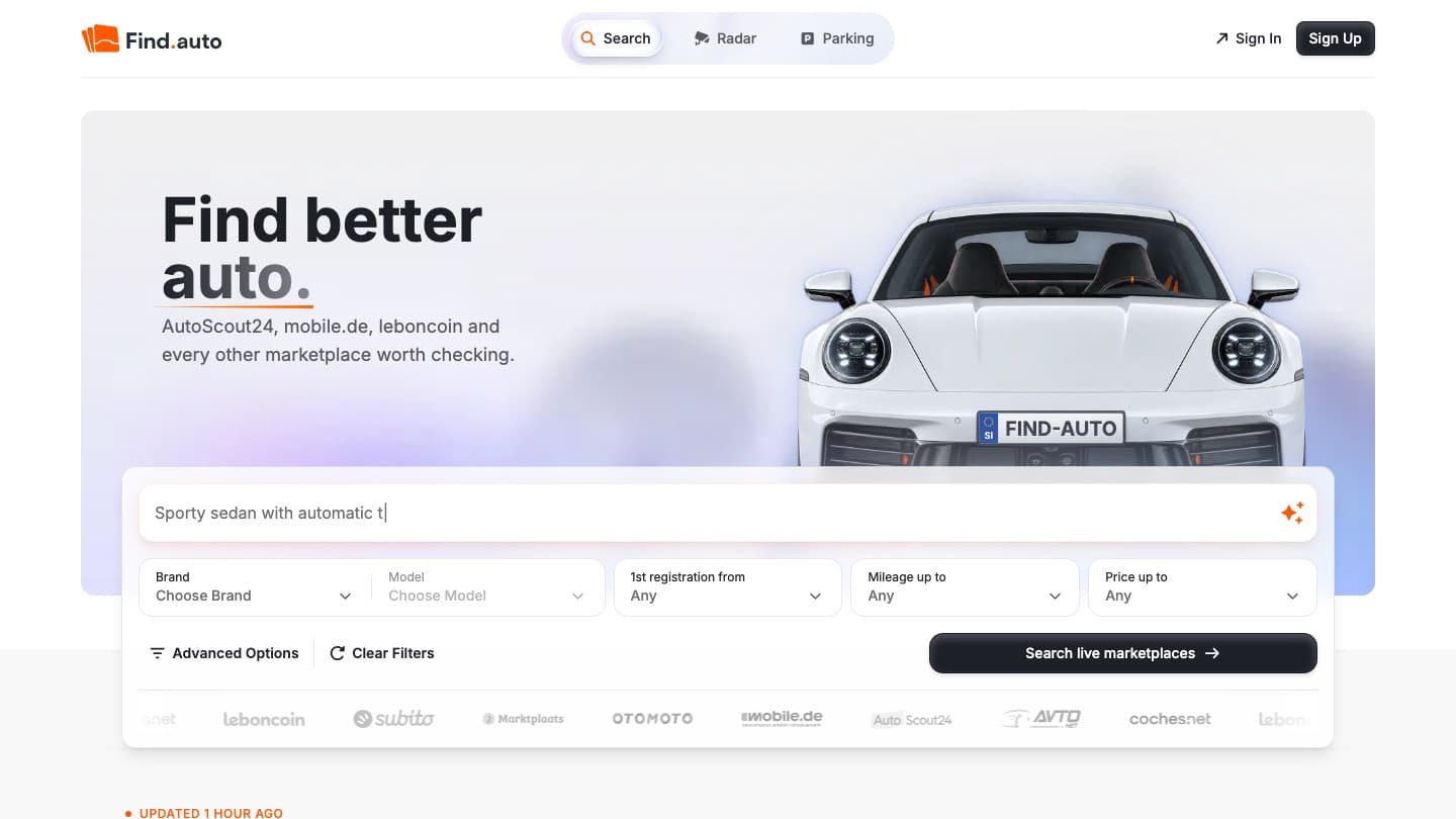 Find.auto, domača stran na računalniku