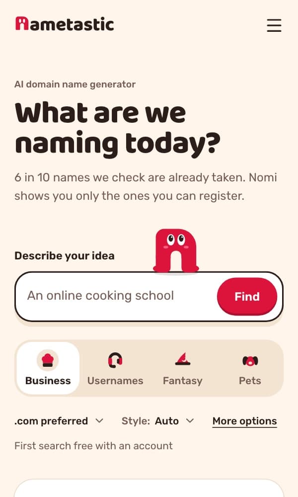 Nametastic.com, home page on a phone