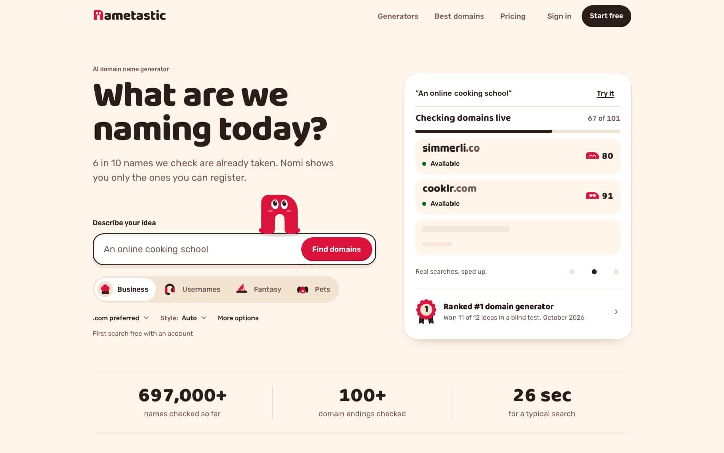 Nametastic.com, home page on desktop